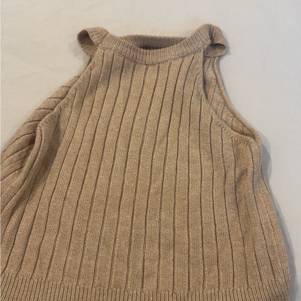 Brown Ribbed Sleeveless Blouse with High Neckline